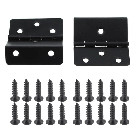 Vintage Black Triple Fold Cabinet Hinges Four Pack Solid Iron Door Hardware Including Mounting Screws, showing two hinges and screws.