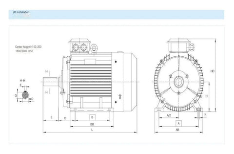 Technical diagram of Beefy 7.5 kW AC Servo Motor With 1500 RPM And 47.8 Nm Torque, Permanent Magnet Synchronous Drive.