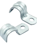 Front view of two M12 zinc-plated steel pipe strap clamps with mounting holes
