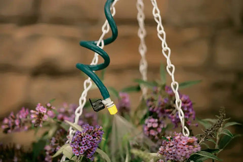 Hanging Basket Drip Irrigation Kit With 1 Outlet Digital Hose Faucet Sprinkler Timer set up in a hanging flower basket