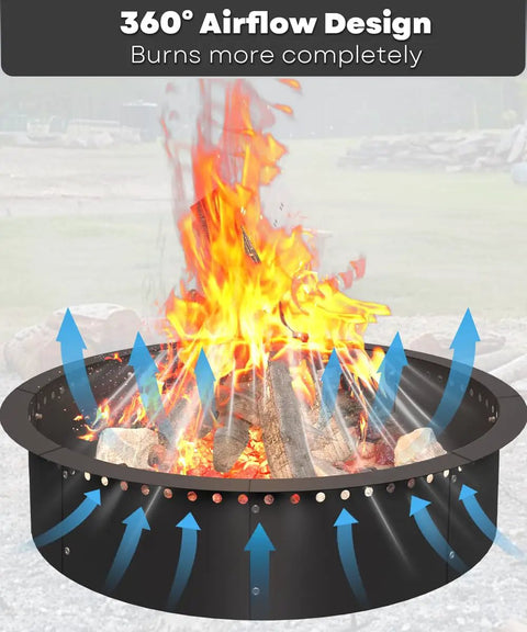 39 Inch Smokeless Fire Pit Ring Insert For Outdoor Use Heavy Duty Metal Rim Liner with 360° Airflow and flames above