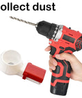 Dust Catcher Box for drywall holes, fits most drill bits, shown with red and black drill, mess-free DIY home renovations accessory.