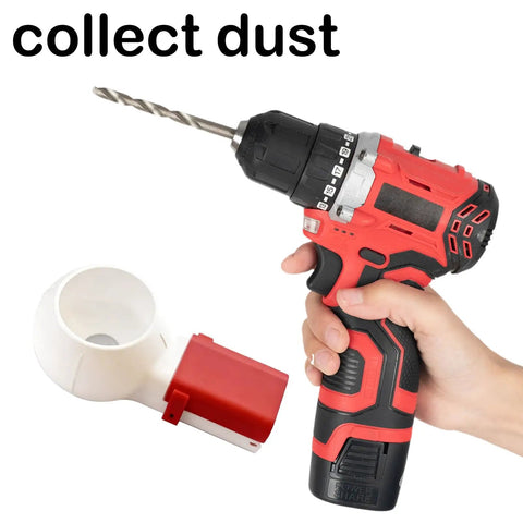 Dust Catcher Box for drywall holes, fits most drill bits, shown with red and black drill, mess-free DIY home renovations accessory.
