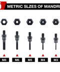 Rivet Nut Adapter Kit For Cordless Drill showing M3 to M8 mandrel sizes with five hex nuts and mandrels in a row
