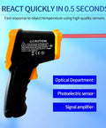 Non Contact Infrared Temperature Gun For Cooking And BBQ, Handy Handheld Laser Thermometer For Pizza Oven, IR Thermometer With Backlit LCD, Wide Range -58F to 1112F (-50C to 600C), Data Hold, Auto Backlight On Trigger. Black and orange handheld infrared thermometer with laser beam