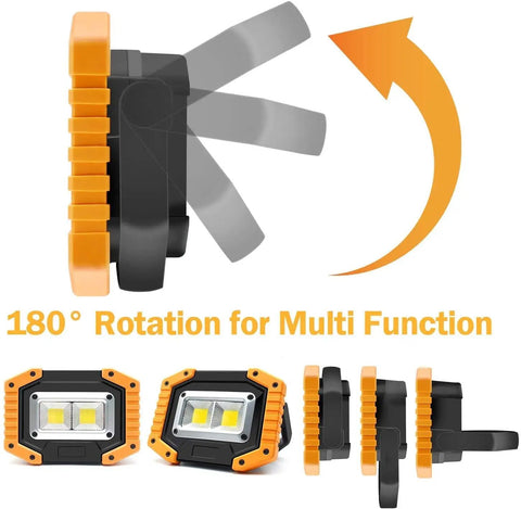 Beast Bright Dual Pack 30W LED Work Lights with 180° rotation and magnetic base, showcasing adjustable angles in yellow and black.