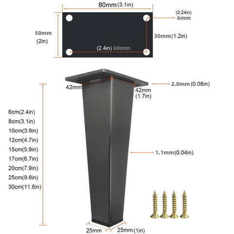 Stainless Steel Sofa Legs For DIY Furniture Replacement Heavy Duty Metal Feet dimensions and screws for support.