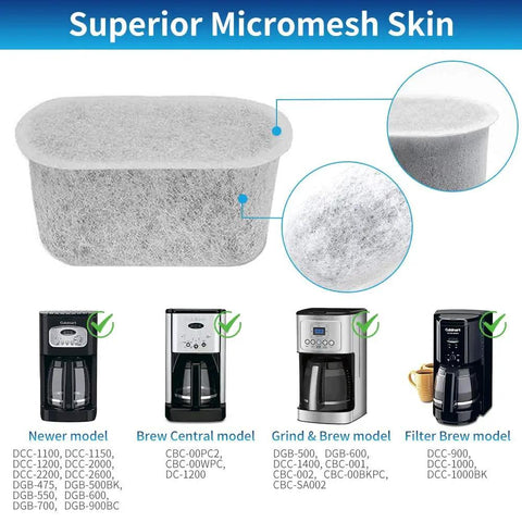12 Pack Charcoal Coffee Maker Filters Replacement For Coffee Makers Improve Flavor And Longevity With Coconut Shell Carbon Block Filtration Removes Chlorine Odors And Contaminants Fits DCC1200 DGB900BC CHW12 SS700 DGB700BC DCC3000 DCC1100 filter detail with compatible models