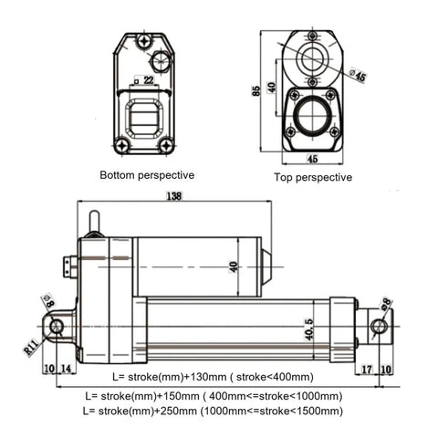 Technical drawing of Smooth As Butter Electric Linear Actuator DC Motor With Built In Photoelectric Sensor For Heavy Duty Linear Motion Projects And Easy Stroke Adjustments 100Mm Up To 450Mm.