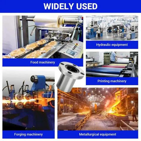 Buttery Smooth LMF13UU Round Flange Linear Ball Bearings With Rock Solid Double Rubber Seals 13mm Bore used in various industrial machinery.
