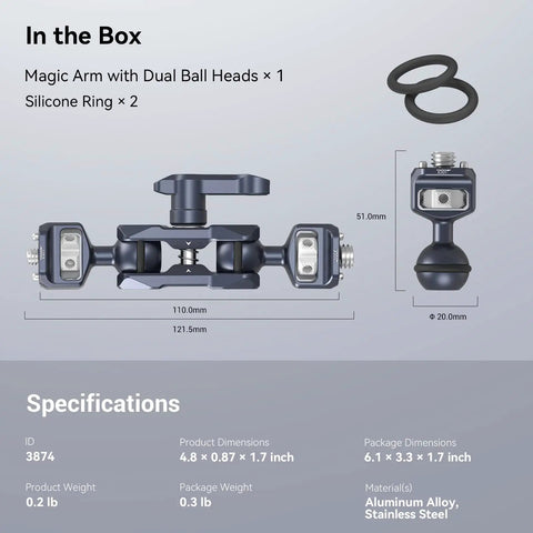 Dual Ball Head Articulating Magic Arm With Retractable Pins, 360 Degree Rotation, 12 Lb Load, dimensions and materials shown.