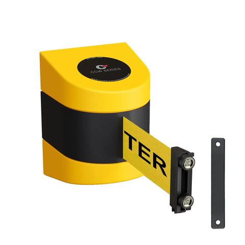 Magnetic Wall Mount Retractable Belt Barrier With Fifteen Foot Reach Yellow ABS Case Caution Do Not Enter Stanchion Alternative
