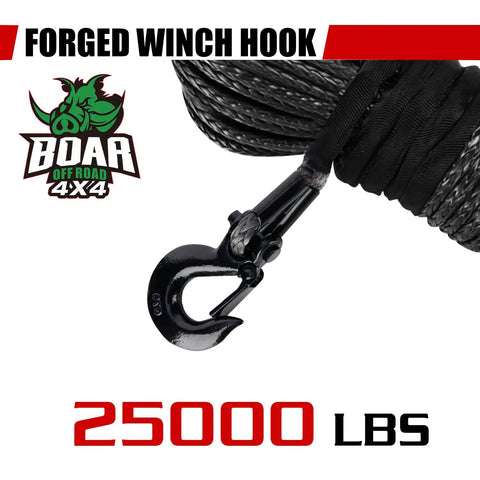 Beefed Up Heavy Duty Synthetic Winch Rope Three Eighths Inch Diameter Ninety Two Feet Long For 25000 Lb Recovery With Hook Cable