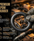 Gloved hand holding exhaust rubber hanger with text highlighting premium EPDM material benefits