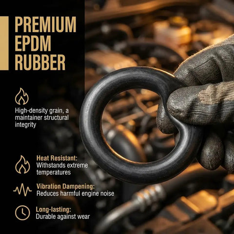 Gloved hand holding exhaust rubber hanger with text highlighting premium EPDM material benefits