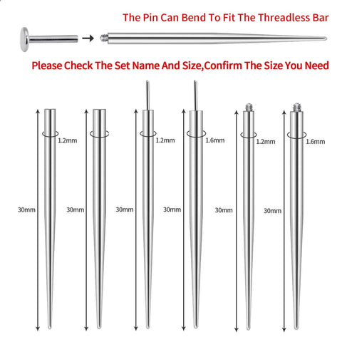 6 Piece Stainless Steel Piercing Tapers Set 14G 16G External Threadless And Internal Bar Insertion Pins For Body Piercing Kit Durable Rust Resistant Smooth Polished Finish with tapered design and thread options