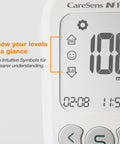 Close-up of Feliz Blood Glucose Monitoring Kit With 100 Test Strips 100 Lancets 1 Blood Glucose Meter showing digital display.