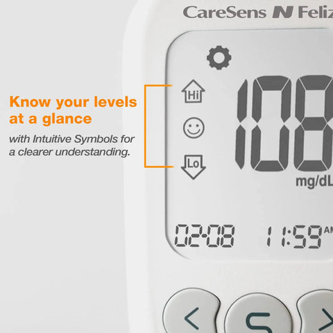 Close-up of Feliz Blood Glucose Monitoring Kit With 100 Test Strips 100 Lancets 1 Blood Glucose Meter showing digital display.