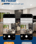 Comparison of 12 Pack 4 Inch LED Can Lights Retrofit Recessed Downlights with non-LED lights in living room, showing no flicker effect.