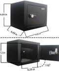 Compact 3 Digit Combination Safe Box With Steel Lock, Portable Hidden Safe For Home Office Cash And Jewelry, 0.23 Cu Ft Capacity, Black, shown closed and open with dimensions.