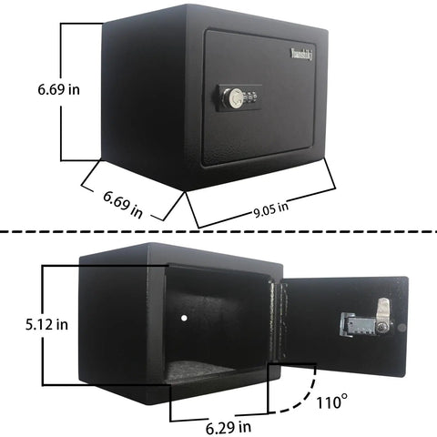 Compact 3 Digit Combination Safe Box With Steel Lock, Portable Hidden Safe For Home Office Cash And Jewelry, 0.23 Cu Ft Capacity, Black, shown closed and open with dimensions.