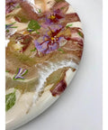 Close-up of floral epoxy resin design on 18 Inch Floral Epoxy Resin Lazy Susan With Turquoise Painted Wooden Base Farmhouse Serving Tray And Turntable For Dining Table Dope Modern Centerpiece Handmade Home Decor Smooth Rotating Tray.