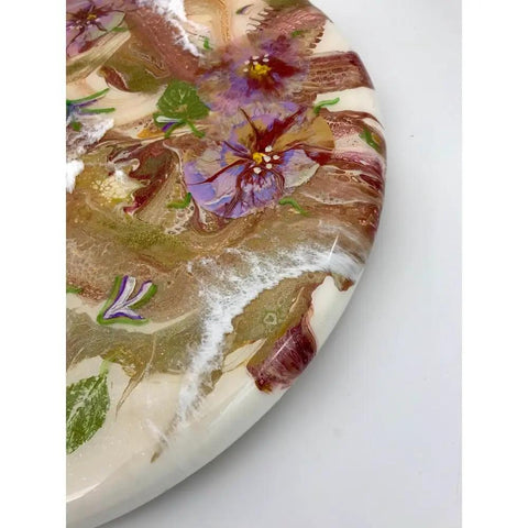 Close-up of floral epoxy resin design on 18 Inch Floral Epoxy Resin Lazy Susan With Turquoise Painted Wooden Base Farmhouse Serving Tray And Turntable For Dining Table Dope Modern Centerpiece Handmade Home Decor Smooth Rotating Tray.