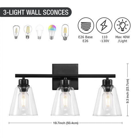 Three Light Black Vanity Lights Over Mirror, On Trend Modern Farmhouse Industrial Bathroom Fixtures With Metal Base And Clear Glass Shades
