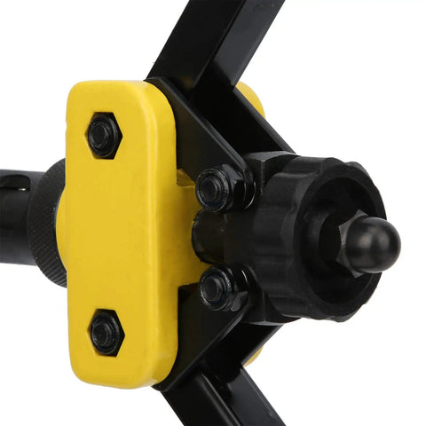 Hand Riveter Tool Kit With M3 And M10 Wrenches For Effort Saving Riveting And Quick Rivet Nut Installation In DIY Projects And Repairs No Sweat Pain Free Repeated Fastening, close-up of black and yellow rivet nut head