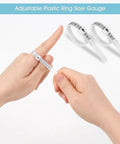 Hand using adjustable plastic ring sizer, part of Handy Stainless Steel Ring Sizer Set With 27 Ring Gauges On Cable US Size 1 To 13 Plus Half Sizes Rust Resistant Pro Grade Ring Size Measuring Tool Kit 3 Piece Set.