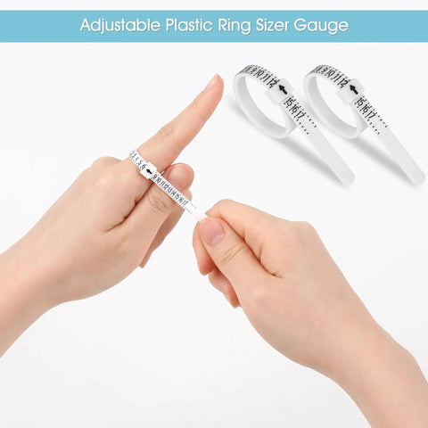 Hand using adjustable plastic ring sizer, part of Handy Stainless Steel Ring Sizer Set With 27 Ring Gauges On Cable US Size 1 To 13 Plus Half Sizes Rust Resistant Pro Grade Ring Size Measuring Tool Kit 3 Piece Set.