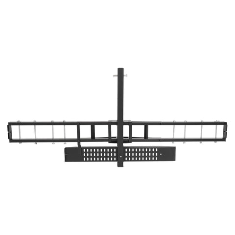 Front view of Beefy 600 Lbs Steel Motorcycle Carrier Hauler With Anti Tilt Lock Hitch Mount Rack And Ramp For Dirt Bikes And Scooters.