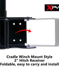 Universal Winch Mounting Plate For 2 Inch Receiver Beefy Heavy Duty Trailer Hitch Cradle Bracket closeup with folding feature