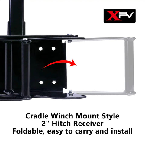 Universal Winch Mounting Plate For 2 Inch Receiver Beefy Heavy Duty Trailer Hitch Cradle Bracket closeup with folding feature