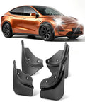 Next Gen Tesla Model Y Mud Flaps Splash Guards Set of 4 Fits 2025 and 2026 Models displayed with an orange Tesla vehicle.
