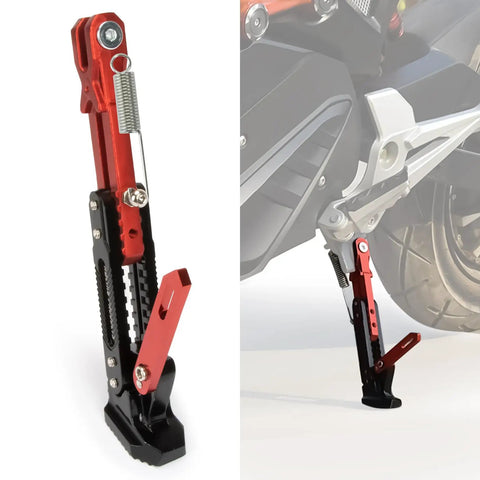 Universal Adjustable Aluminum Alloy Motorcycle Kickstand For Electric Scooters And Dirt Bikes Red Lightweight Durable Stand in use