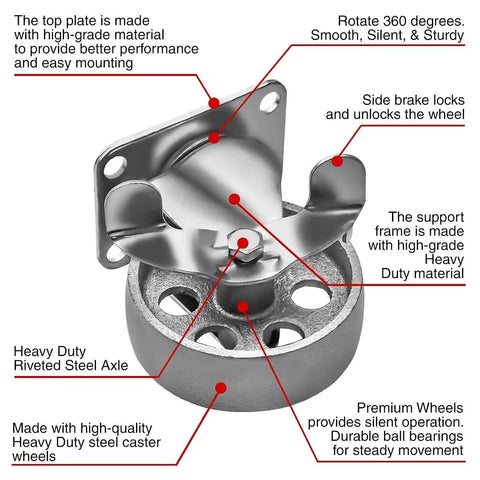 Beefy Heavy Duty Steel Swivel Plate Caster Wheels With Brake Lock, 3.5 Inch Wheel Diameter, 350 Lb Capacity, all steel gray.