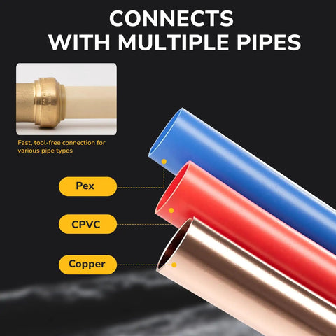 1/2 Inch Push Fit End Cap for Copper CPVC and PEX Pipes Brass Plumbing Fitting showing compatibility with pipe types.