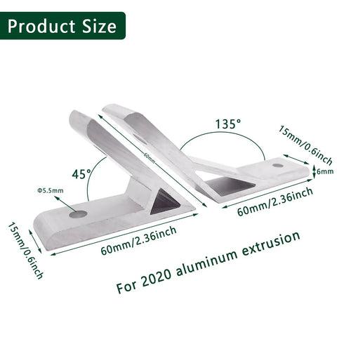 Image of 135 and 45 degree aluminum corner brackets for 2020 aluminum extrusion, measuring 60mm and 15mm, heavy-duty design.