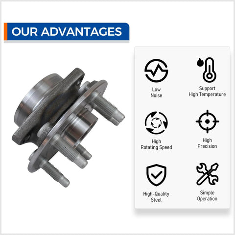 Set Of 2 Front And Rear Wheel Bearing Hub Assemblies With Encoder And ABS For 2008-2019 Cadillac CTS, 2010-2015 Chevy Camaro, And 2018-2019 Chevy Impala Five-Lug Vehicles featuring steel construction and ABS encoder.