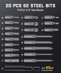 20 PCS S2 steel bits set for Heavy Duty Cordless Electric Screwdriver Set With Badass Precision Torque Control.