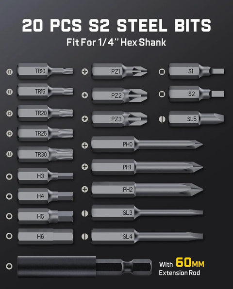 20 PCS S2 steel bits set for Heavy Duty Cordless Electric Screwdriver Set With Badass Precision Torque Control.
