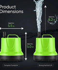 Submersible Pump For Fish Tanks Ponds Aquariums And Hydroponics 660 GPH Flow 40W 8.2 Ft Lift with dimensions and water flow