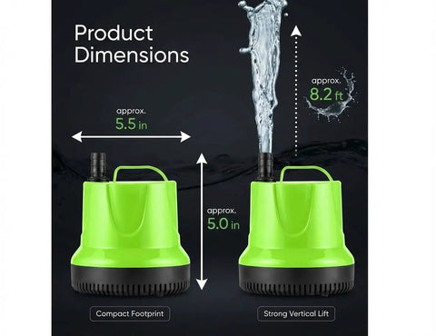 Submersible Pump For Fish Tanks Ponds Aquariums And Hydroponics 660 GPH Flow 40W 8.2 Ft Lift with dimensions and water flow