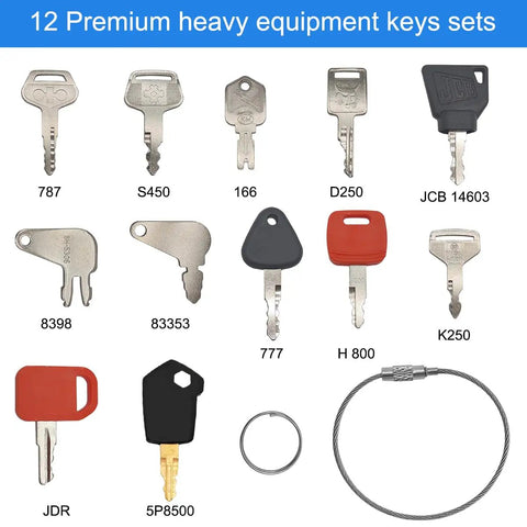 12 Pcs Heavy Equipment Key Set for Construction Pros master ignition keys displayed with wire keychain.