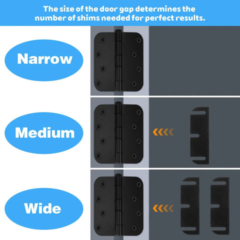 10 Pack 3.5 Inch Door Hinge Shims For Interior Doors Easy Gap Filler And Alignment Spacers, shown in narrow, medium, wide use
