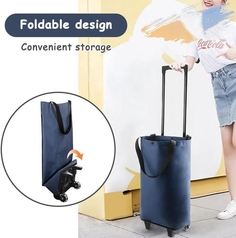 Woman using Foldable Shopping Trolley With Wheels 2 In 1 Reusable Grocery Tote Bag Dark Blue for easy transition from bag to cart.