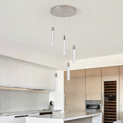 Five-Light Crystal Bubble Pendant Lights For Kitchen Island In Brushed Nickel, Integrated 40W LED, kitchen setting view