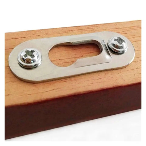 Close-up of Heavy Duty Keyhole Hangers 120 Pack Built Tough Wall Mounting Hardware for picture frames with stainless steel finish.