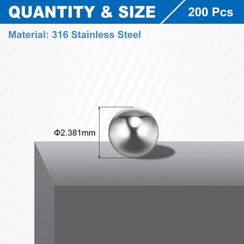 316 Stainless Steel Bearing Balls 2.381mm 3/32 Inch Mirror Finish Precision Balls G200 Grade Pack Of 200 displayed on a surface